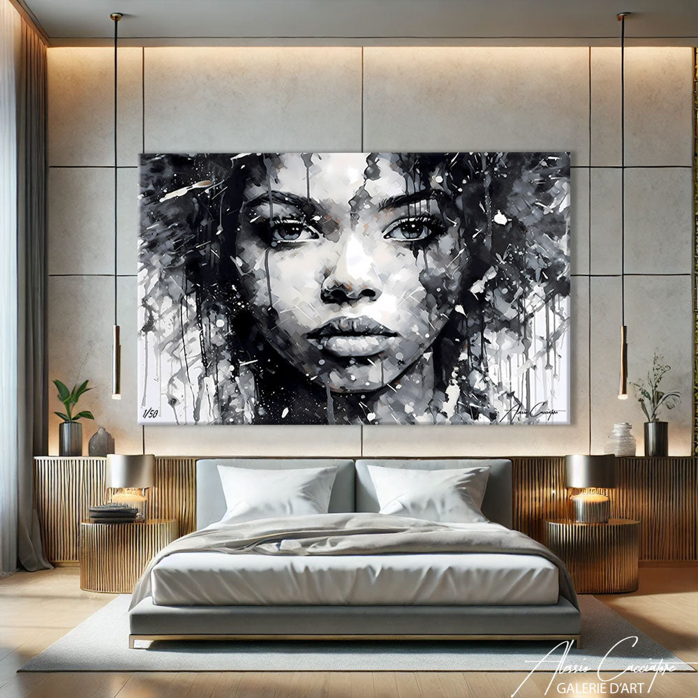 Tableau apaisant noir et blanc au-dessus du lit dans une chambre — TABLEAU AFRICAINE NOIR ET BLANC