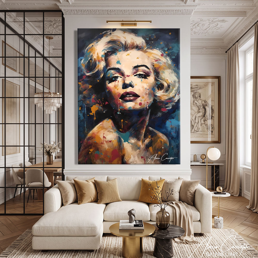 Tableau célébrité Marilyn Monroe au-dessus d'un canapé dans un salon, déco pop culture