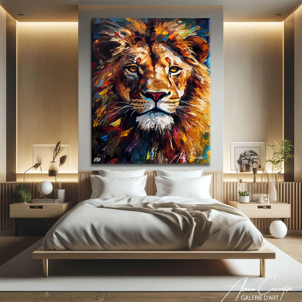 tableau lion moderne accroché dans un intérieur contemporain