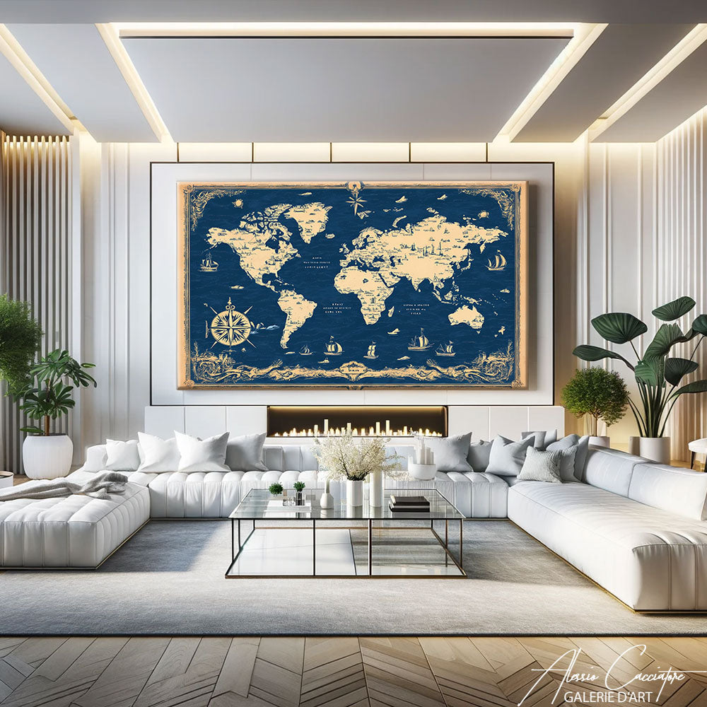 Tableau carte du monde bleu marine et or accroché au-dessus d'un canapé blanc dans un salon lumineux, déco voyage