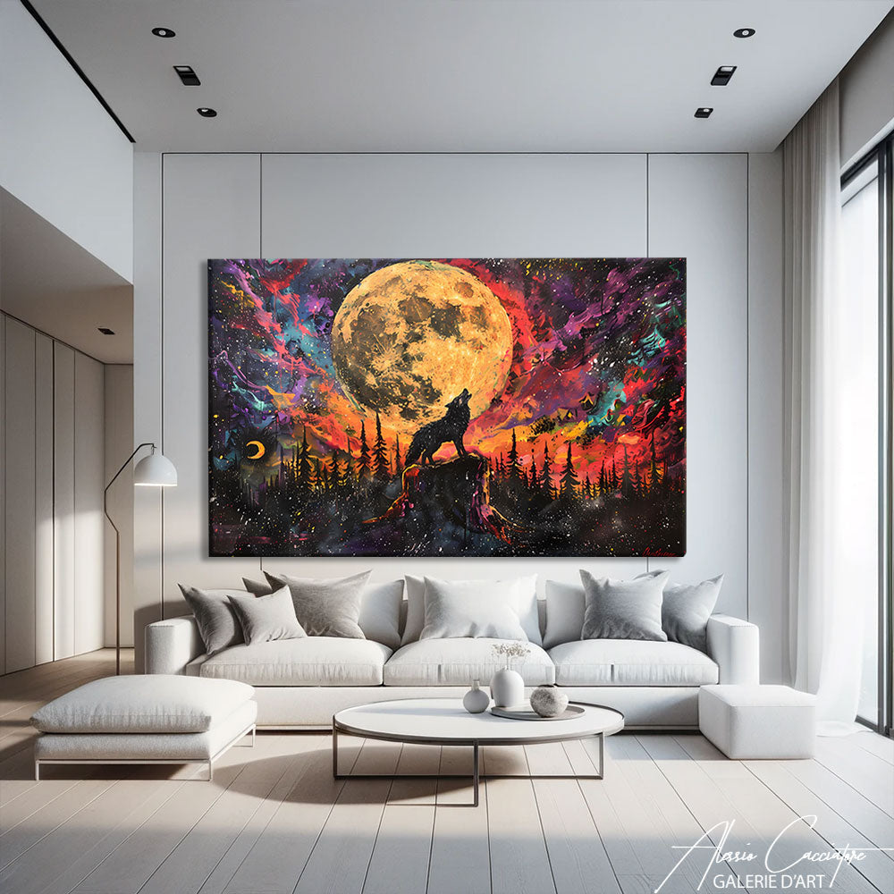 Tableau loup hurlant devant une pleine lune orange et un ciel coloré au-dessus d’un canapé blanc dans un salon