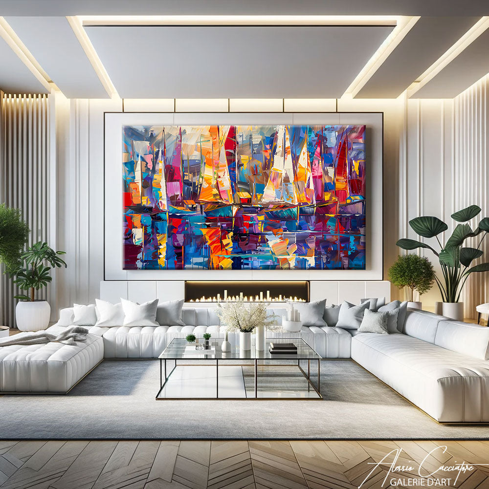 Tableau bord de mer moderne bateaux dans un salon lumineux