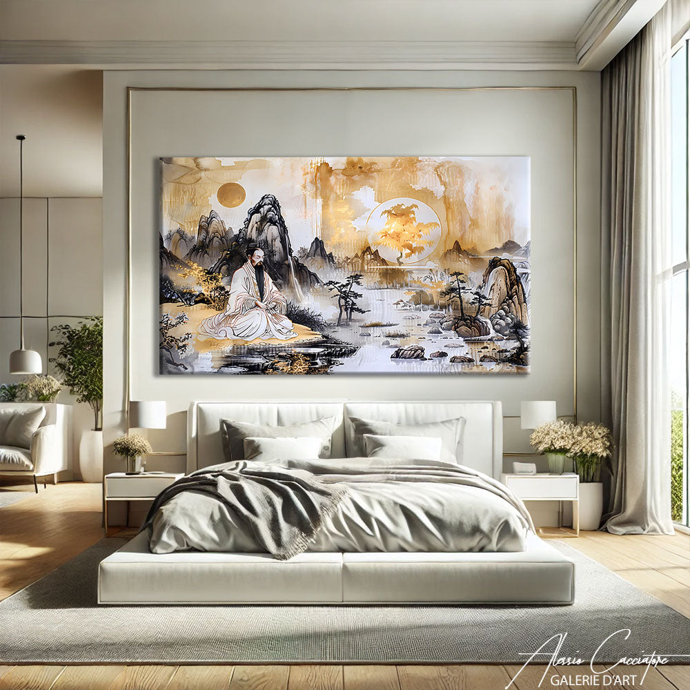 Tableau mural zen au-dessus d'un lit dans une chambre lumineuse, exemple d'éclairage tableau naturel et doux