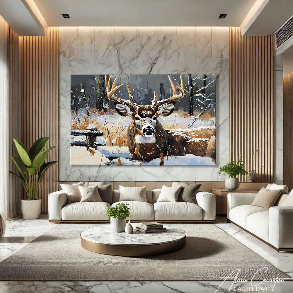 Tableau cerf dans la neige accroché au-dessus d'un canapé dans un salon ambiance chalet
