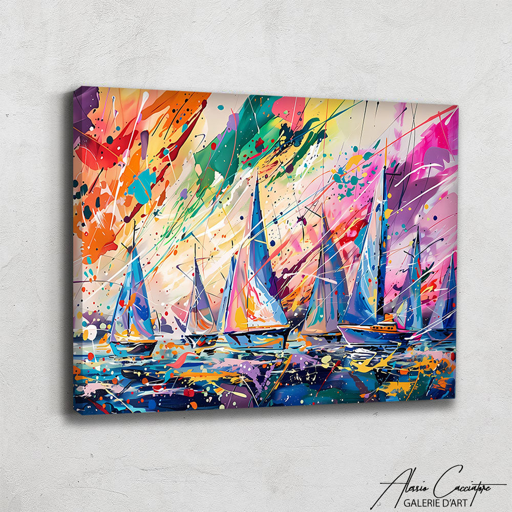 Tableau peinture voilier moderne accroché dans un salon lumineux