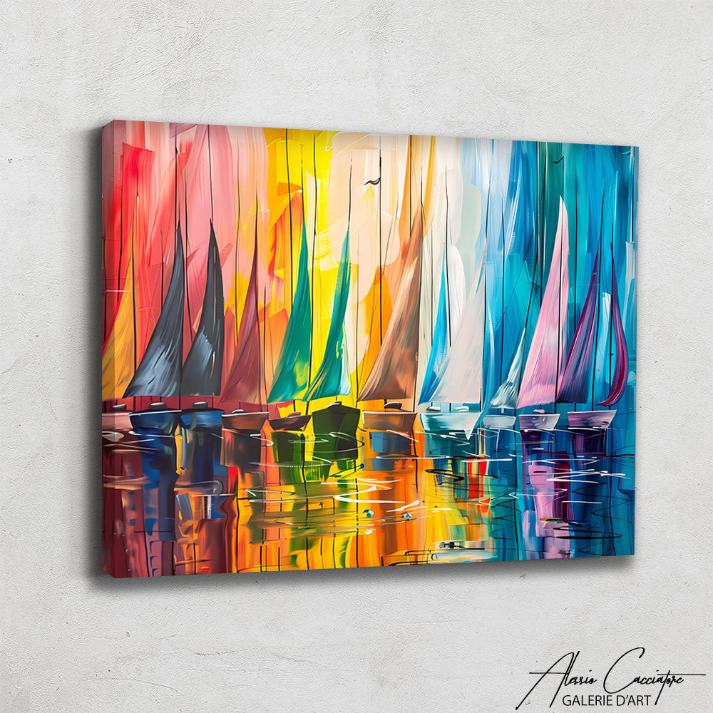 Tableau abstrait bateau aux teintes colorées accroché dans un salon contemporain