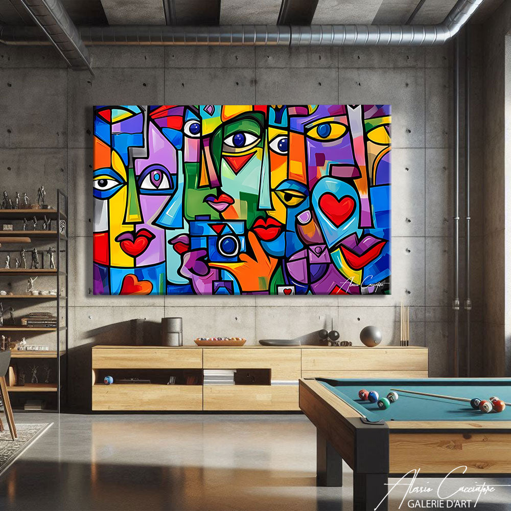 Tableau coloré contemporain format paysage accroché dans un salon pour agrandir la pièce