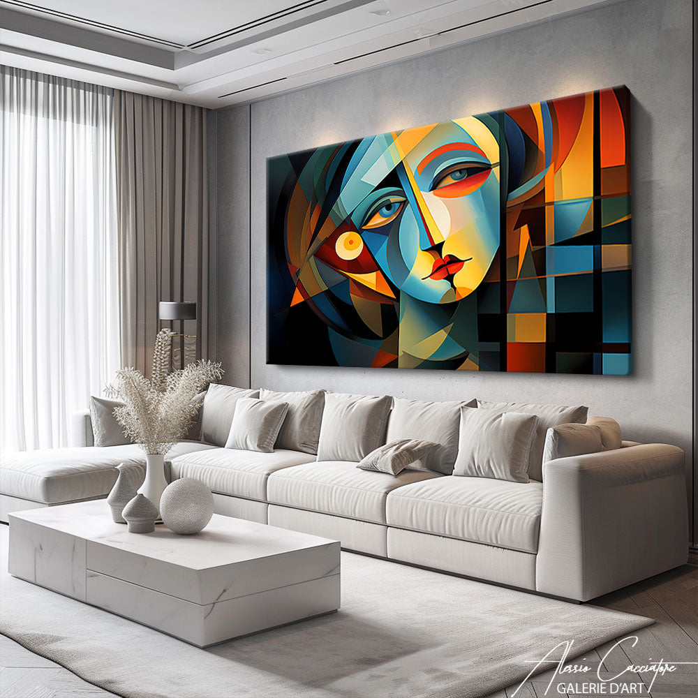 Tableau cubisme portrait de femme aux couleurs vives au-dessus d’un canapé blanc dans un salon gris clair