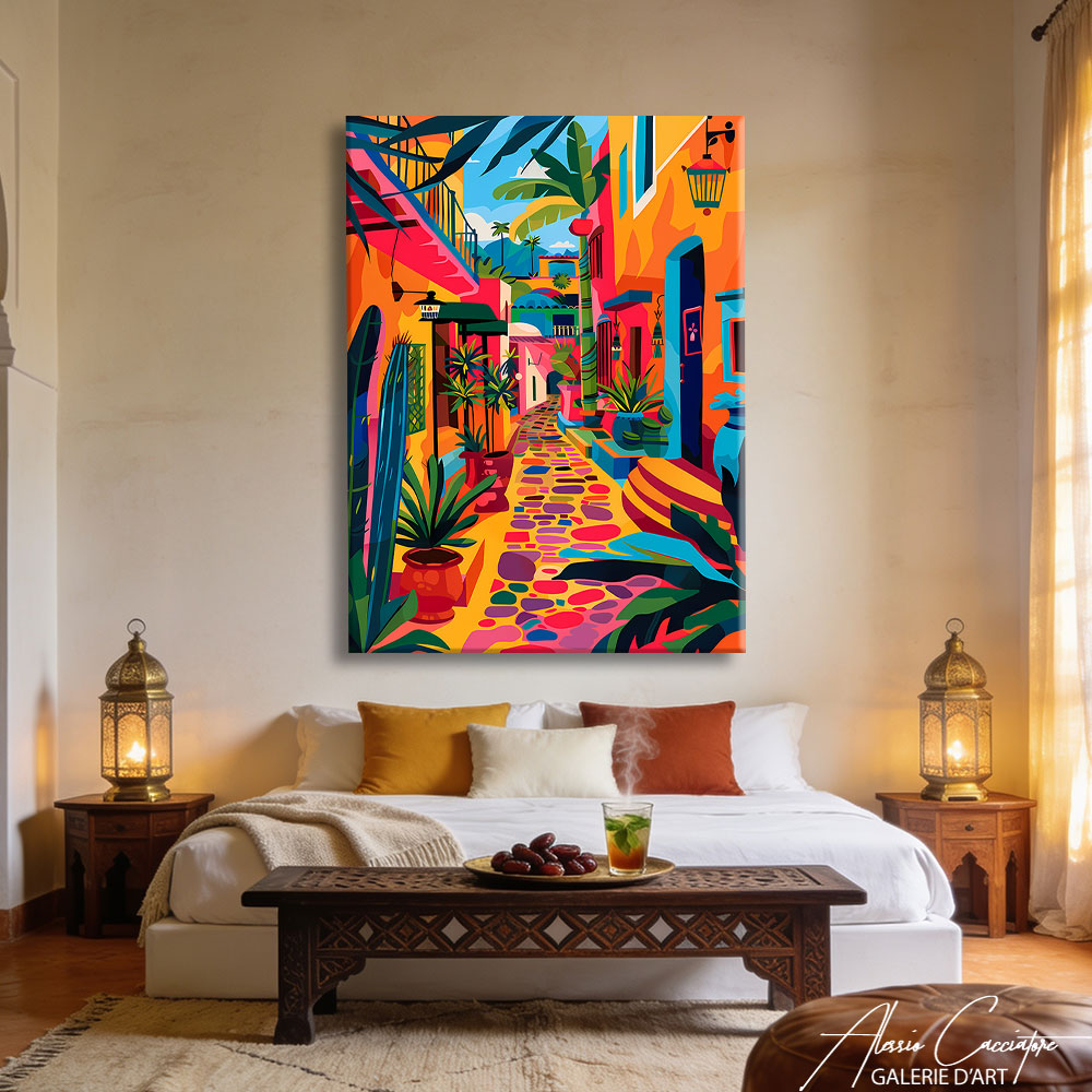 Tableau coloré aux tons vifs accroché au-dessus d'un lit dans une chambre aux murs blancs