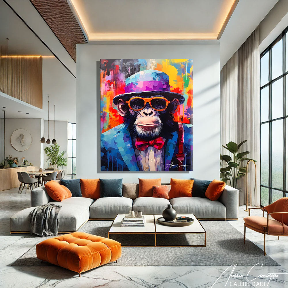 Tableau animaux pop art singe accroché en situation dans un intérieur moderne