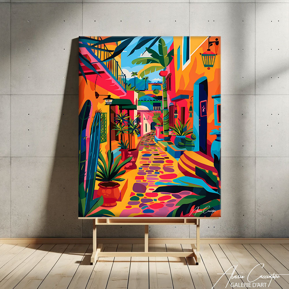 Tableau salon tendance 2025 : toile contemporaine colorée dans un salon moderne