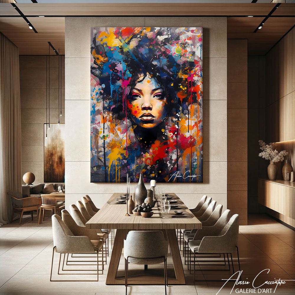 Tableau terracotta portrait sur toile accroché dans un intérieur aux tons chauds