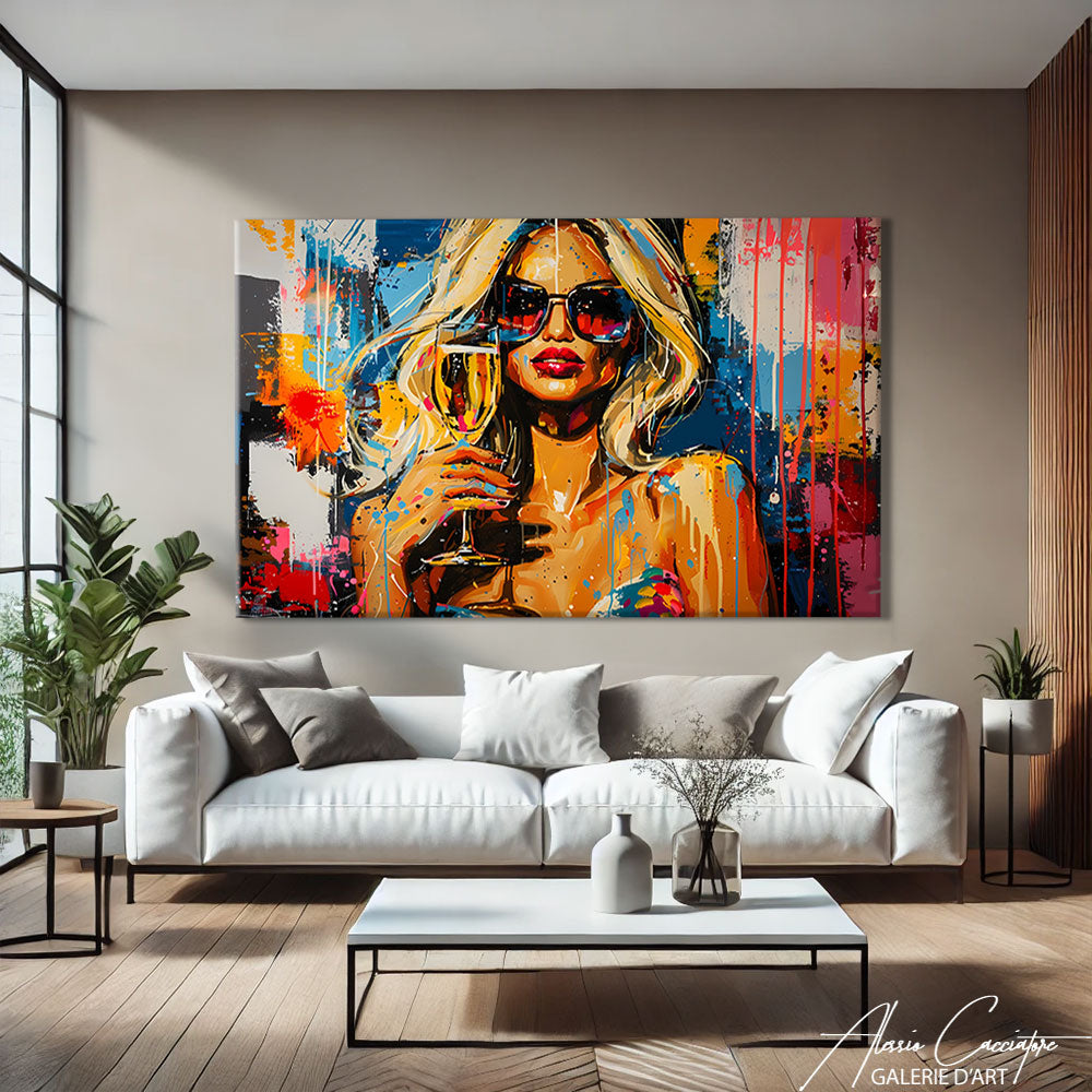 Tableau visage femme moderne accroché dans un intérieur contemporain