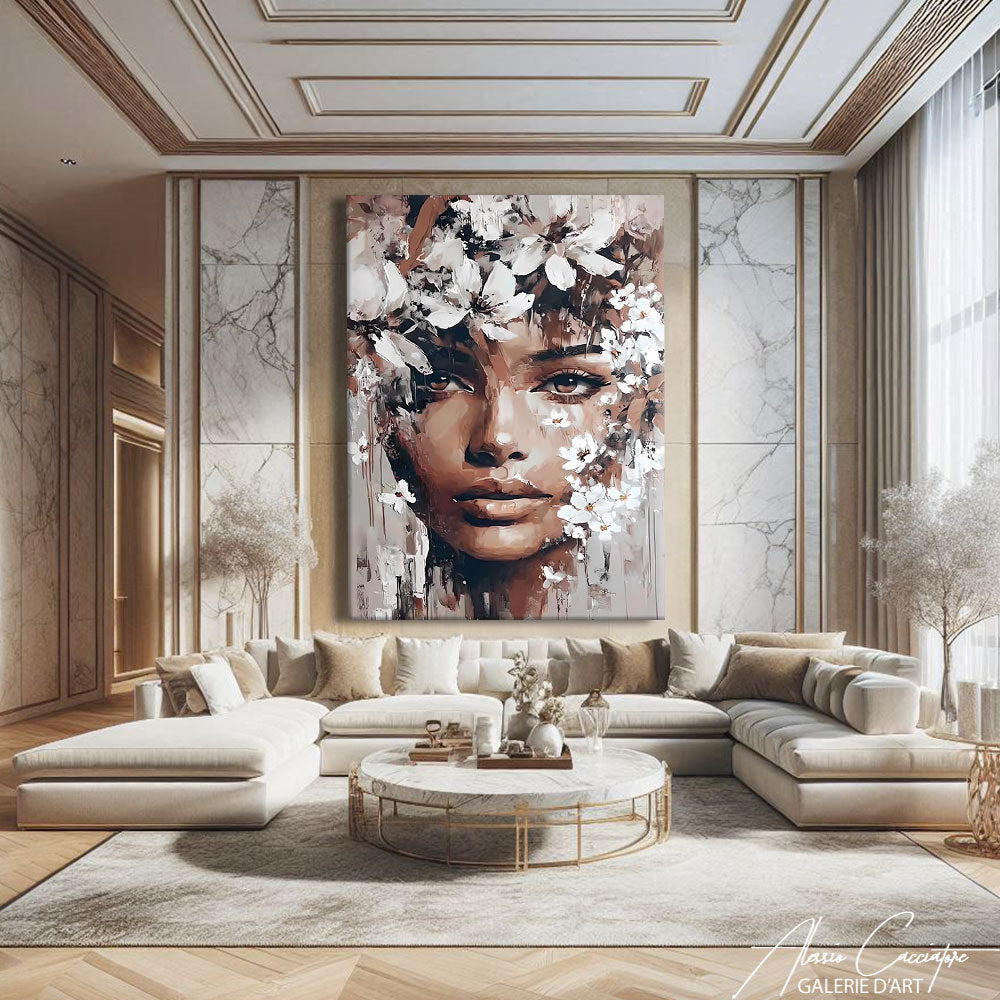 Tableau femme couronnée de fleurs accroché dans un salon chic, idée cadeau déco femme