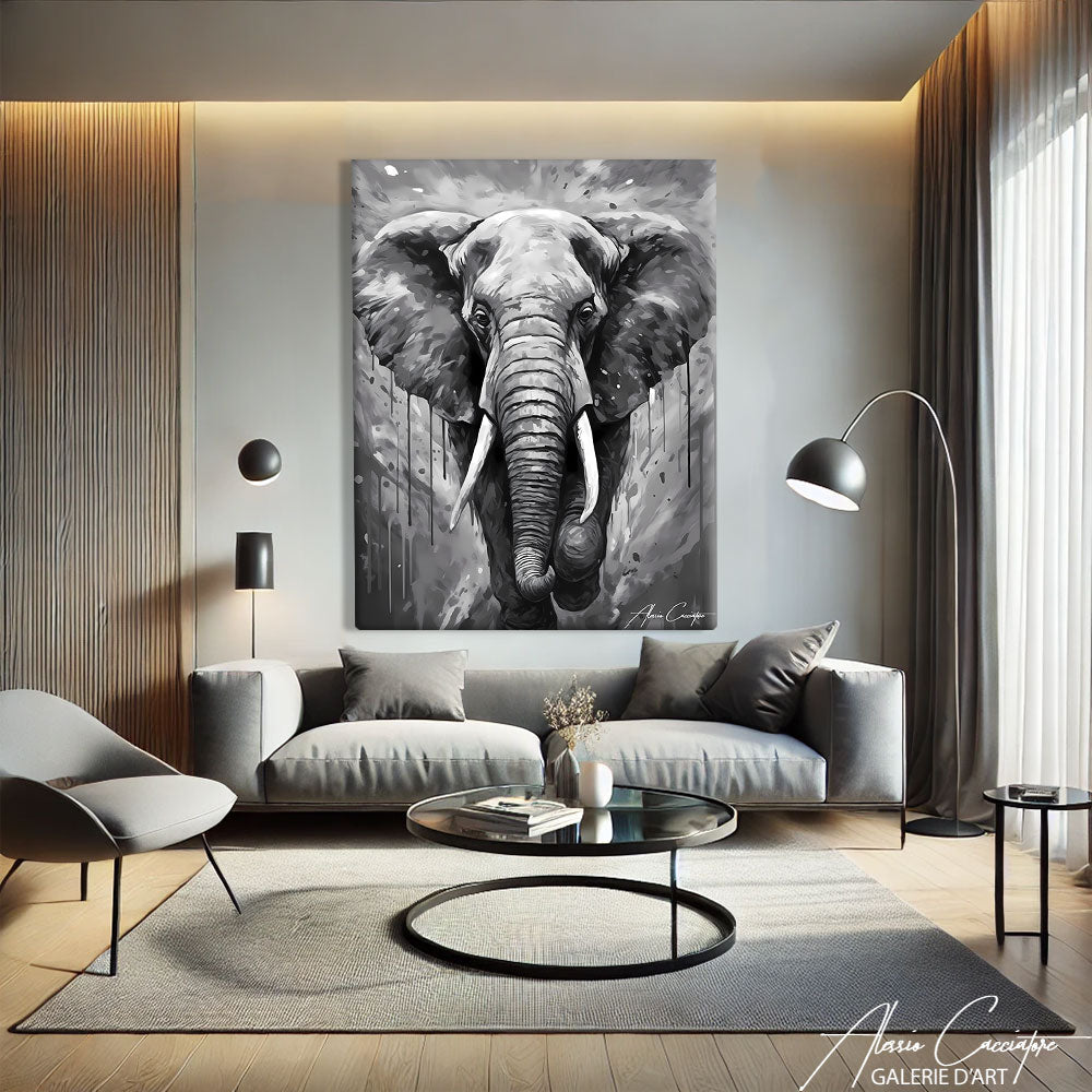 tableau abstrait noir et blanc éléphant en situation dans un intérieur moderne