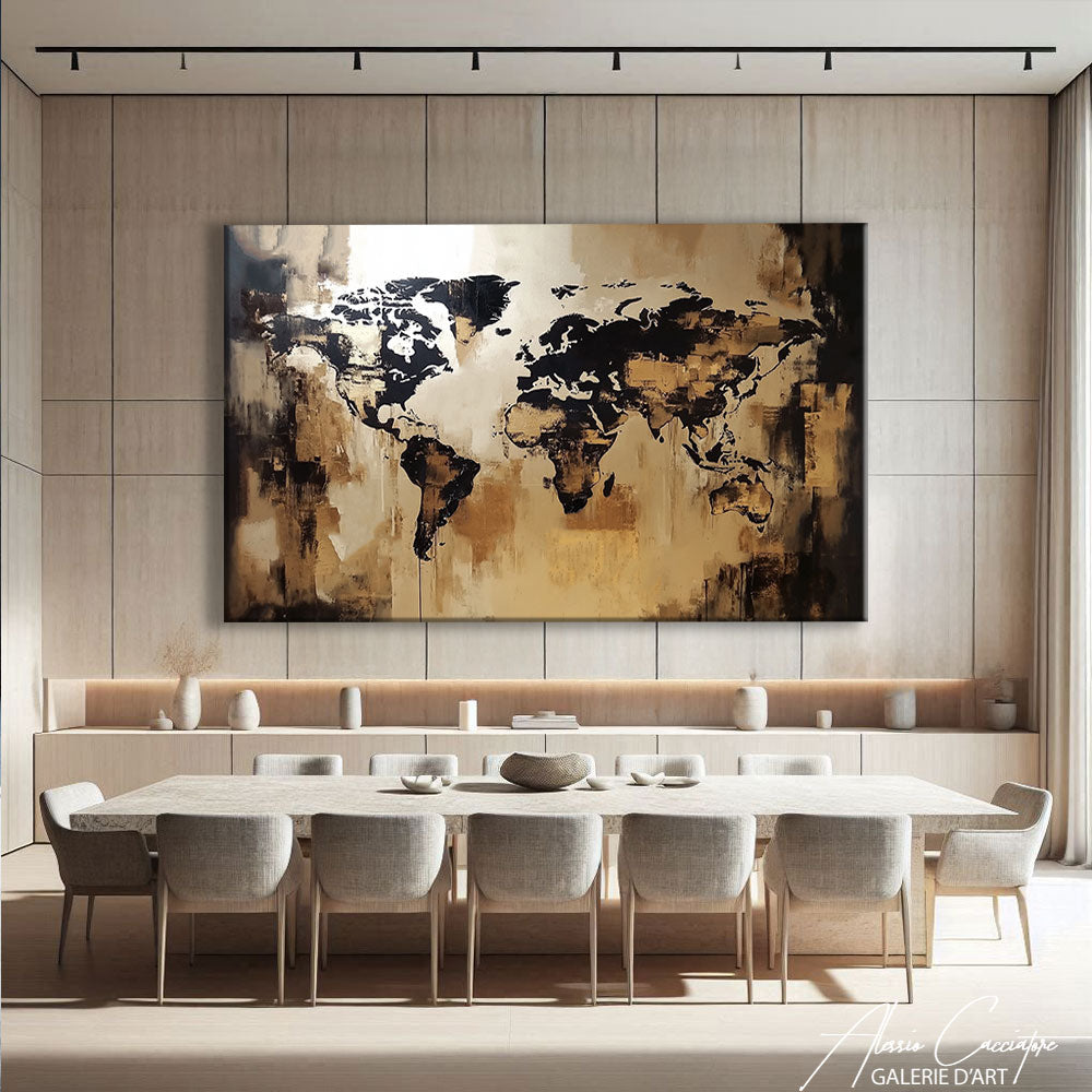 Tableau salle à manger carte du monde noire et dorée au-dessus d’une longue table dans une pièce beige