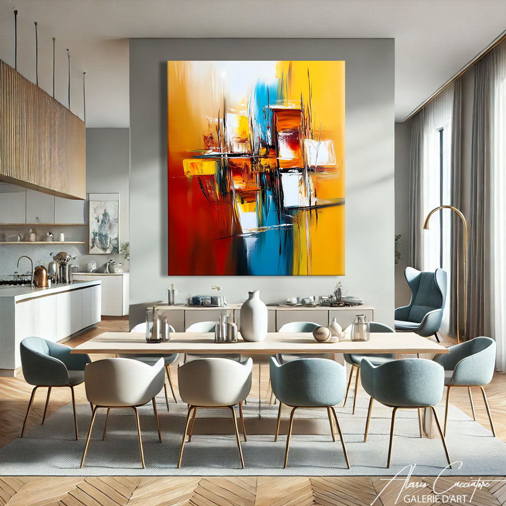 Tableau moderne coloré dans un intérieur contemporain — TABLEAU SALON COLORE