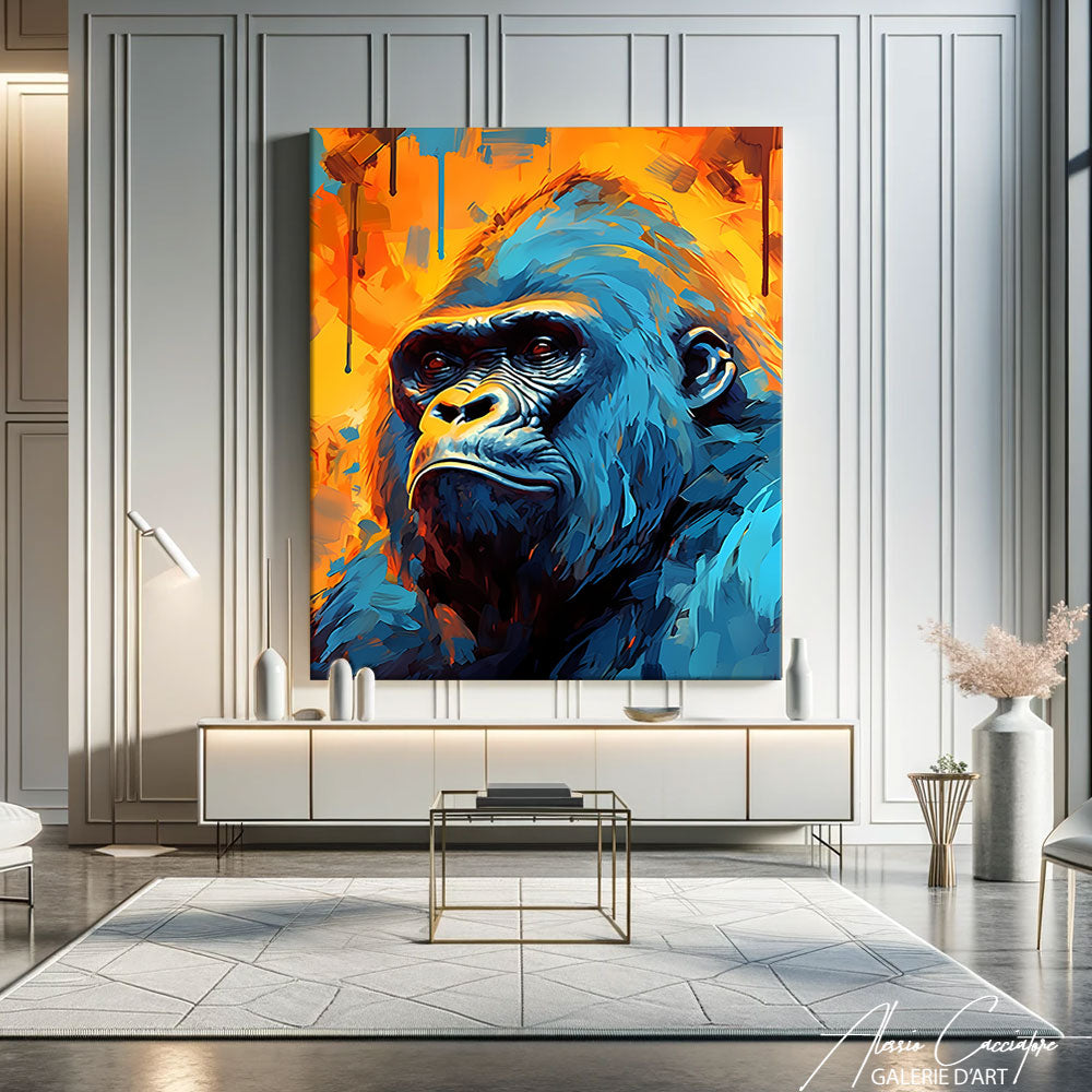 Tableau gorille pop art coloré accroché dans un intérieur contemporain