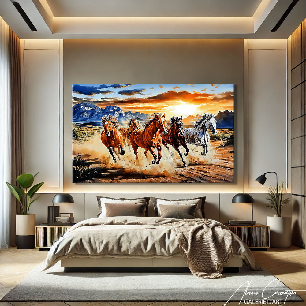 TABLEAU CHEVAUX COUCHER DE SOLEIL