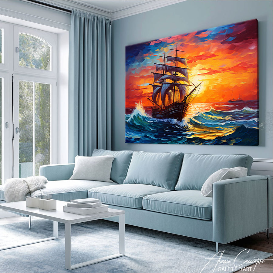 peinture bateau coucher de soleil – mise en situation