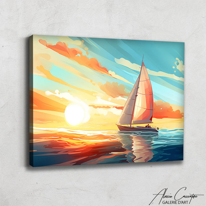 peinture bateau coucher de soleil