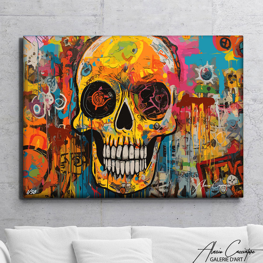 tableau tête de mort multicolore