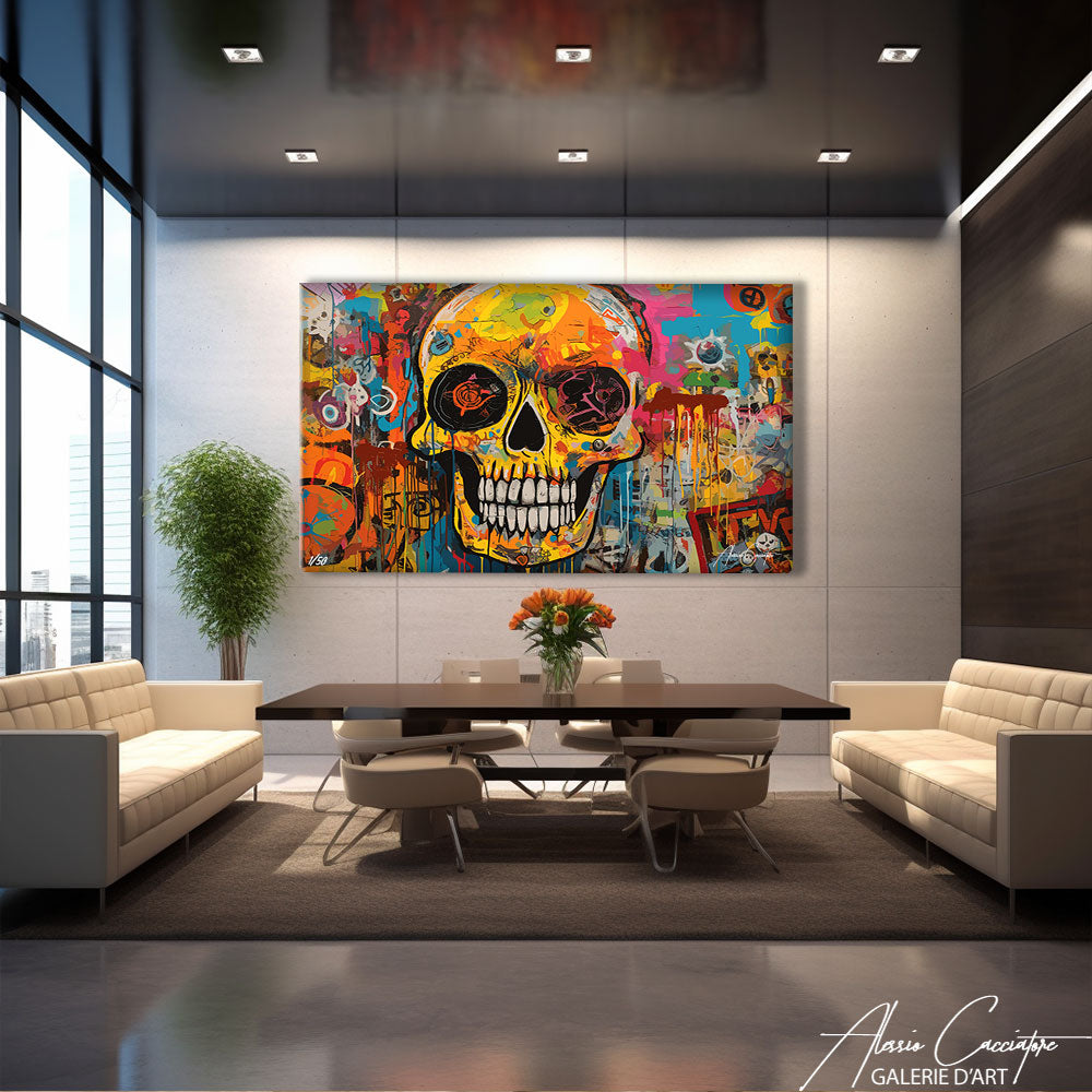 tableau tête de mort multicolore