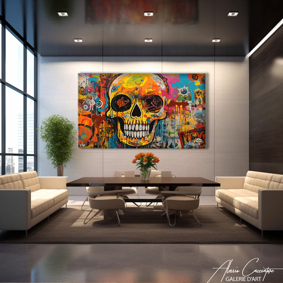 tableau tête de mort multicolore – mise en situation