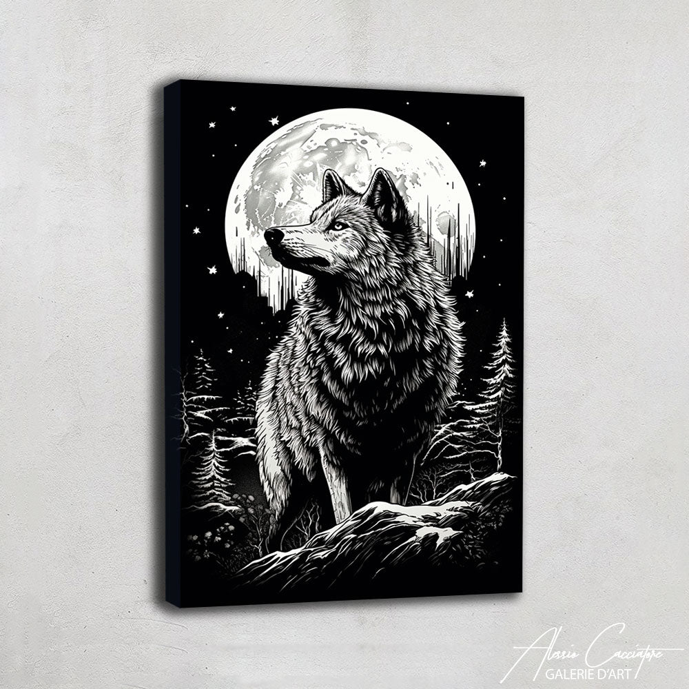 tableau loup noir et blanc