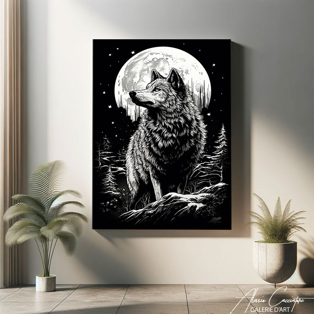 tableau loup pleine lune
