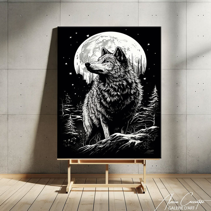 peinture loup pleine lune