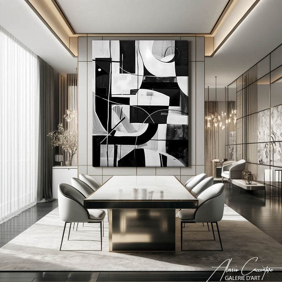 Tableau Noir et Blanc Abstrait Contemporain – mise en situation