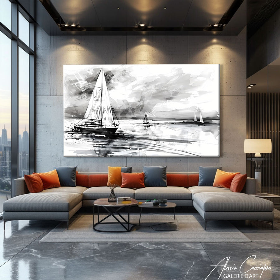 Tableau Voilier Noir et Blanc – mise en situation