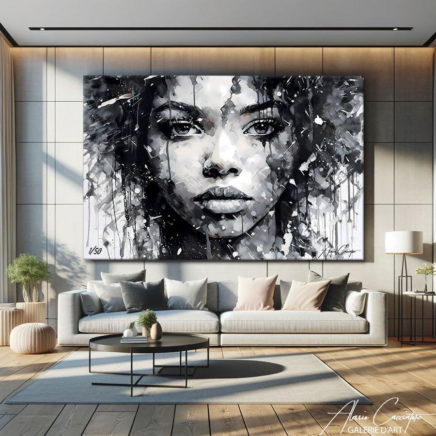 tableau visage femme africaine noir et blanc – mise en situation