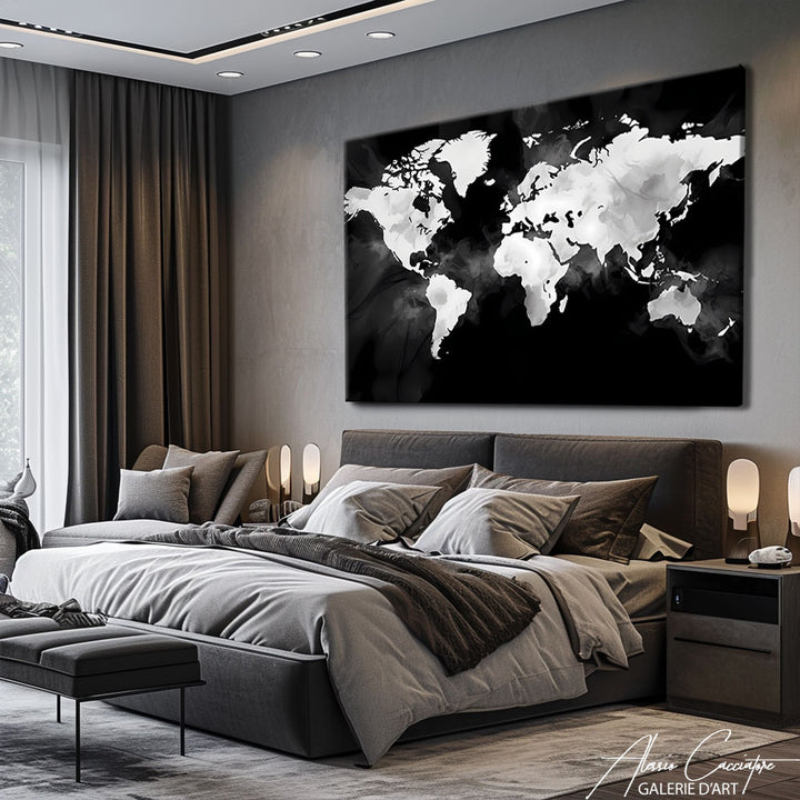 tableau carte du monde noir et blanc