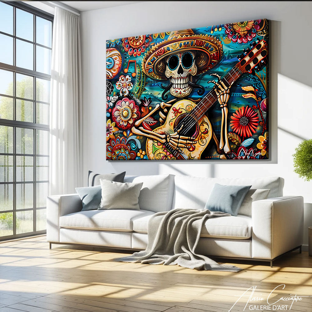 tableau tête de mort multicolore