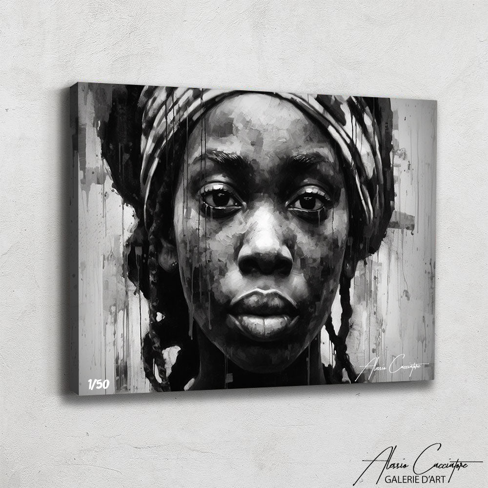 tableau visage africain noir et blanc