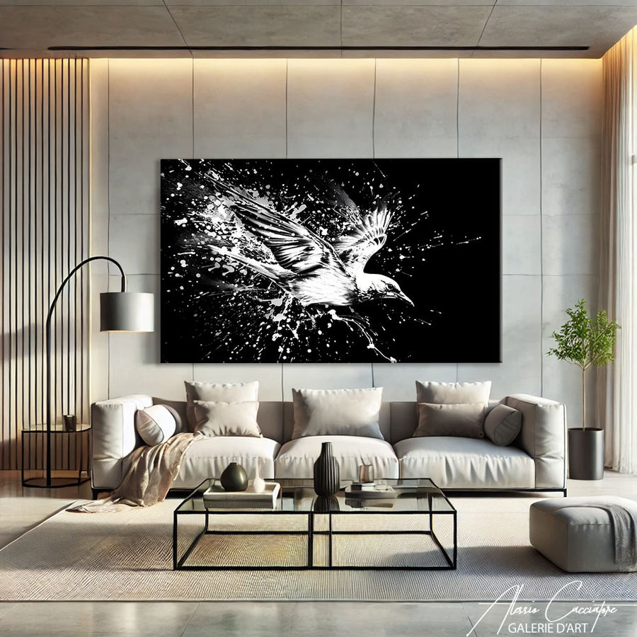 TABLEAU OISEAU NOIR ET BLANC – mise en situation