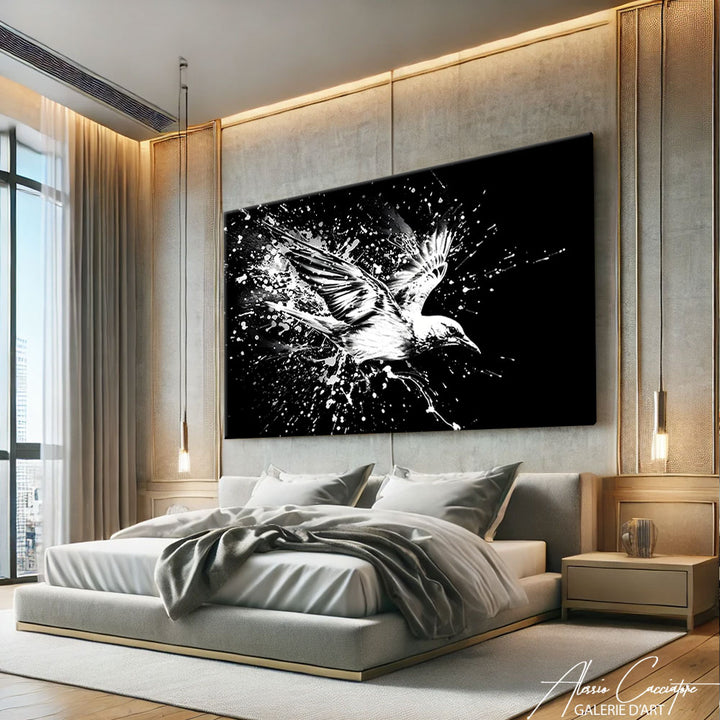 peinture oiseau noir et blanc