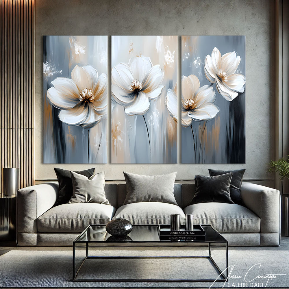 TABLEAU TRIPTYQUE FLEURS BLANCHES