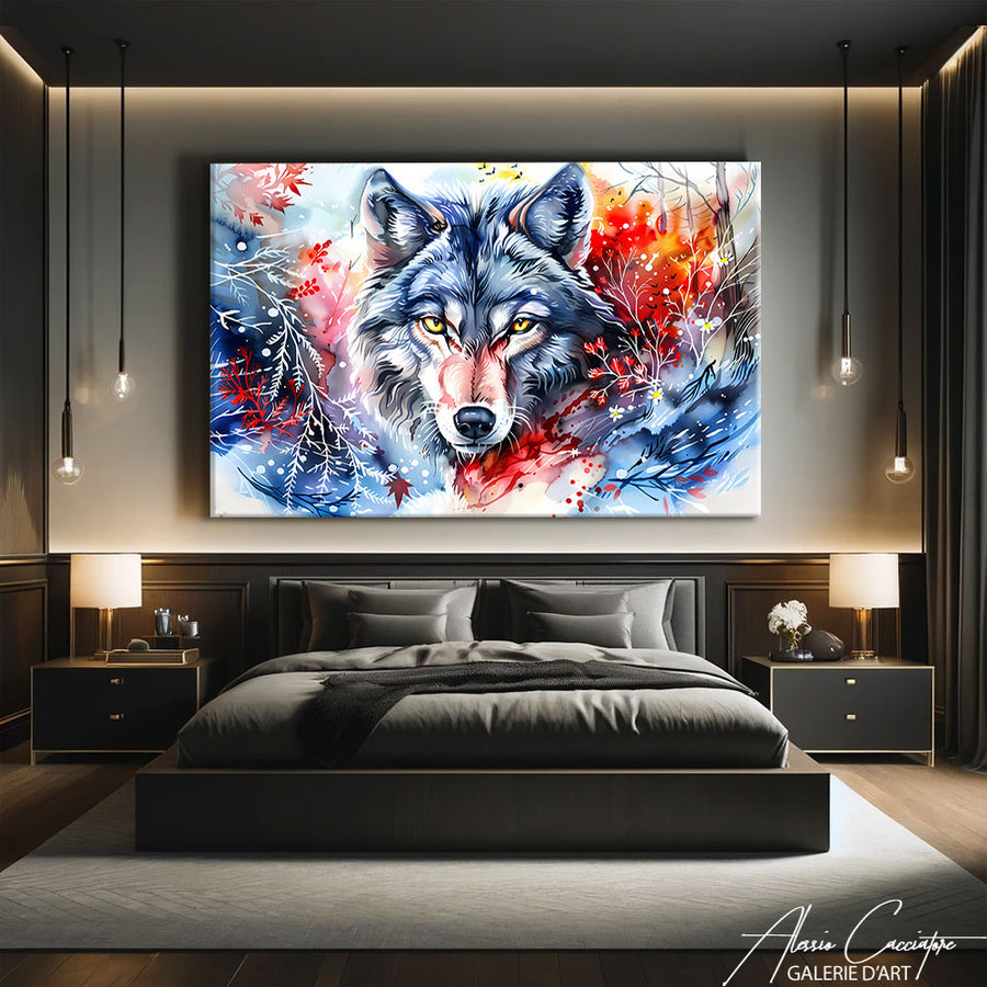Peinture loup sur toile – mise en situation