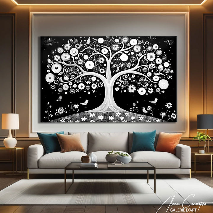 peinture arbre de vie noir et blanc