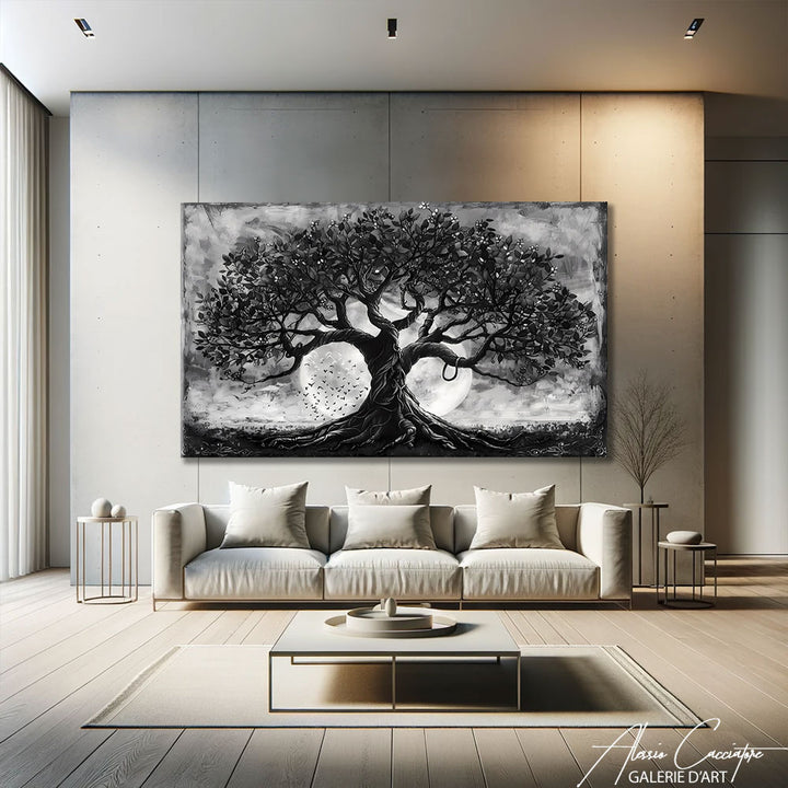 peinture arbre de vie noir et blanc