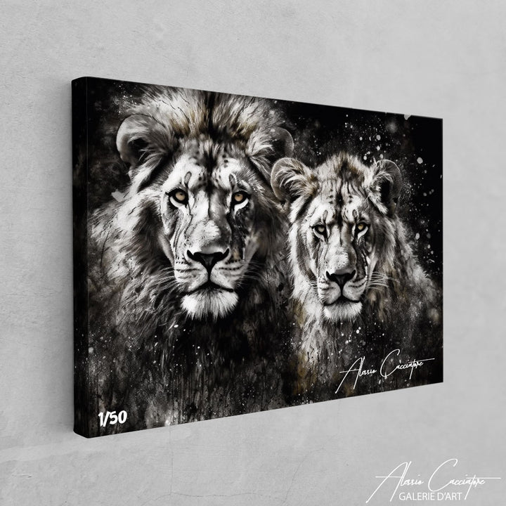 tableau lion lionne noir et blanc