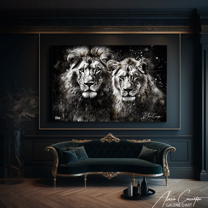 tableau lion et lionne noir et blanc