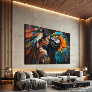 TABLEAU INDIENNE ET PERROQUET
