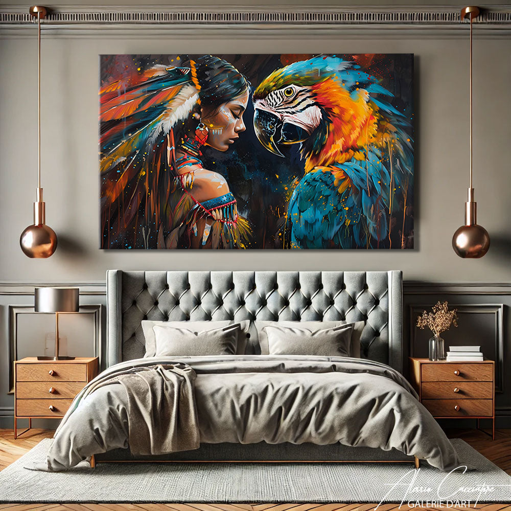 TABLEAU FEMME INDIENNE ET PERROQUET
