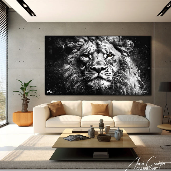 tableau lion noir et blanc