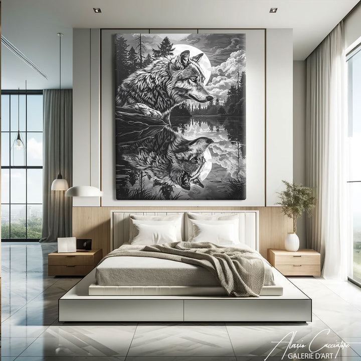 tableau loup noir et blanc