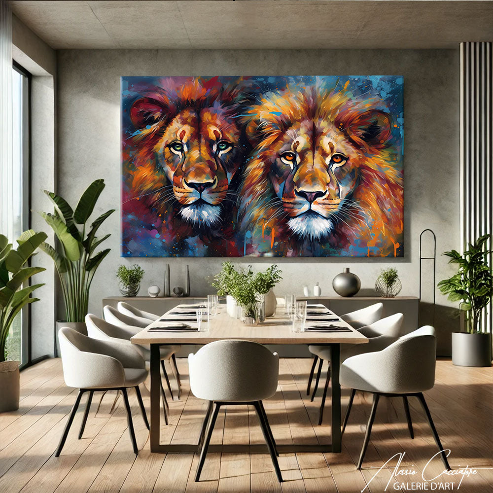 TABLEAU LION ET LIONNE COLORÉ
